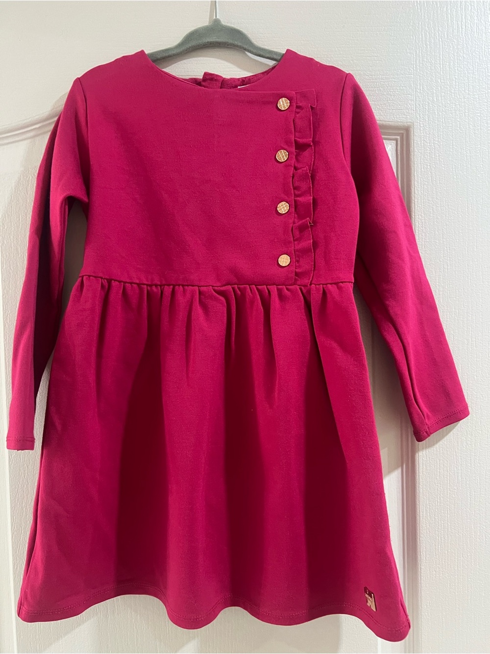 Girls Long-Sleeve Bright Pink Gathered Waist Dress with Gold Buttons